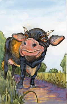 a drawing of a cow standing on a dirt road with grass and trees in the background