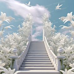 a stairway leading to the sky with white flowers