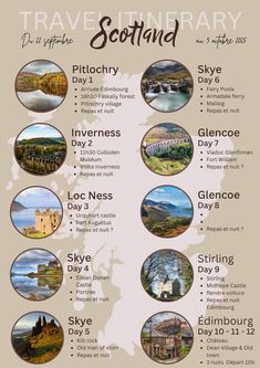 a poster with the names and dates for different places in scotland, including mountains, lakes,