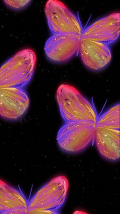 several colorful butterflies flying through the air with stars in the sky behind them on a black background