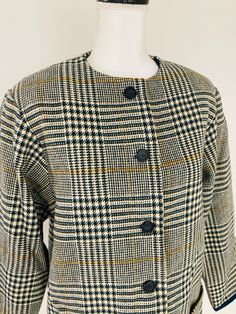 "Excellent vintage condition! Measures about 40-42\" inch bust" Retro Lined Outerwear For Fall, Vintage Collared Blazer For Workwear, Vintage Outerwear With Button Closure For Work, Retro Fall Outerwear For Vintage Fashion, Retro Outerwear For Office, Vintage Plaid Outerwear For Formal Occasions, Vintage Collared Blazer For Winter, Vintage Tweed Jacket For Workwear In Winter, Vintage Tweed Jacket With Button Closure For Work