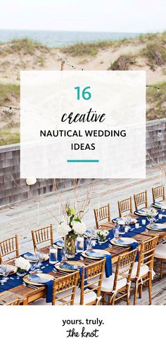 a table set up with blue linens and wooden chairs for an outdoor wedding reception