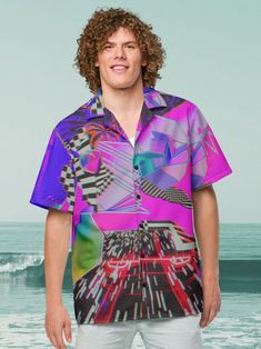 Neon Tropical Hawaiian Shirt Synthwave Button Down Shirt Cyberpunk Button up Shirt Techno Festival Clothes Vaporwave Beach Top - Etsy Slovakia Trendy Collared Shirt For Beach Season, Purple Summer Vacation Shirt, Multicolor Button-up Hawaiian Shirt For Beach Season, Retro Summer Camp Shirt For Streetwear, Graphic Print Button-up Shirt For Beach, Pink Summer Streetwear Shirt, Summer Purple Button-up Shirt, Purple Button-up Shirt For Summer, Trendy Button-up Shirt For Beach Season