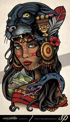 an image of a woman with a cat on her head and a snake in her hand