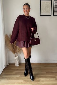 Oversized mohair-blend jumper curated on LTK Wine Sweater Outfit, Burgundy Leather Skirt Outfit, Burgundy Skirt Outfit, Burgundy Sweater Outfit, Burgundy Boots Outfit, Rome Outfits, Pleated Skirt Black, Pleated Skirt Outfit, Burgundy Bag