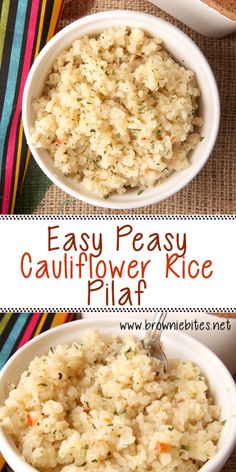 two bowls filled with cauliflower rice on top of a striped table cloth and the words easy peasy cauliflower rice plat