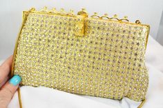 Stunning Vintage Gold Color and Rhinestone Purse La Regale Ltd Hand Made in Hong Kong Convertible Clutch or Shoulder Bag Runway Ready Yellow Gold Rectangular Shoulder Bag, Gold Wedding Bag With Gold-tone Hardware, Gold Wedding Bags With Gold-tone Hardware, Yellow Gold Rectangular Party Bag, Gold Evening Bag With Gold-tone Hardware, Handheld, Gold Evening Bag With Gold-tone Hardware, Rectangular Evening Bag With Gold-tone Hardware For Wedding, Gold Handheld Evening Bag With Rhinestones, Gold Handheld Bags With Rhinestones