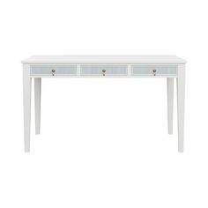 a white table with two drawers on each side and one drawer at the top that is closed