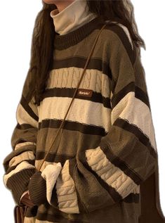 Striped Long Sleeve Ribbed Sweater, Striped Knit Long Sleeve Sweater, Striped Long Sleeve Knit Sweater, Oversized Striped Long Sleeve Sweater, Brown Long Sleeve Cable Knit Sweater, Cozy Oversized Striped Sweater, Cozy Striped Sweater For Fall, Oversized Striped Cozy Sweater, Striped Ribbed Sweater For Winter