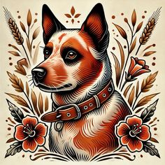 a dog with flowers and leaves on it's chest