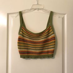 Never Worn Discounted Shipping The Knitting Is A Little Weird As You Can See, But It’s Not Torn Or Anything- That’s Just How It Came This Fits More Like A Medium Green Casual Crochet Top With Knit Fabrication, Casual Green Crochet Top With Knit Fabrication, Casual Green Crochet Top, Casual Striped Crochet Top For Summer, Summer Yellow Knit Top, Casual Multicolor Knit Crop Top, Casual Yellow Crochet Top, Casual Yellow Crochet Top For Vacation, Casual Green Knit Crop Top