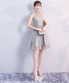 Gray Homecoming Dress, High Neck Short Dress, Prom Dresses Silver, Grey Homecoming Dress, Promotion Dresses, Dresses Silver, Short Paragraph, Banquet Party, Custom Size Dresses