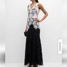 Rickie Freeman For Teri Jon Two-Tone Gown In Floral Lace Approx. 65"L From Shoulders To Hem V Neckline Sleeveless Full Length A-Line Silhouette Back Zipper Polyester Imported Black And White Gowns, Sleeveless Maxi Dress With Lace Bodice For Evening, Elegant Sleeveless Evening Dress With Lace Bodice, Elegant Sleeveless Lace Maxi Dress, Sleeveless Cocktail Evening Dress With Lace Bodice, Sleeveless Lace Bodice Cocktail Dress, Sleeveless Lace Maxi Cocktail Dress, Chic Sleeveless Evening Dress With Lace Bodice, Sleeveless Lace Bodice Evening Dress For Cocktail