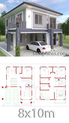 two story house plan with 3 car garage in the front and three bedroom on the back