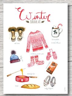 a card with some items on it and the words winter survival kit written in red