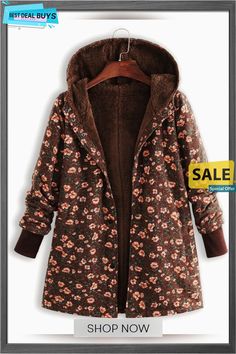 Floral Printed Hooded Long Sleeve Fleece Autumn Winter Coat Brown Long Sleeve Hooded Winter Jacket, Warm Hooded Fleece Jacket For Fall, Warm Hoodie Fleece Jacket For Fall, Warm Fleece Hoodie Jacket For Fall, Brown Fleece Hooded Jacket For Winter, Brown Fleece Hooded Winter Jacket, Warm Fleece Hooded Jacket For Fall, Winter Brown Fleece Hooded Jacket, Fall Long Sleeve Hoodie With Fleece Lining