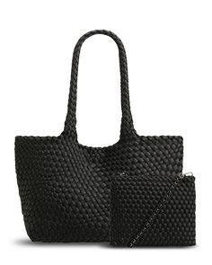 Key Features Black Hand woven Made from recycled neoprene Unique stretch composition Removable baseboard Magnetic closure Includes matching Prene purse with detachable crossbody strap Vegan friendly Fabrication 95% Lycra Neoprene, 5% Polyester. Size And Care (Approximate) Length: 33cm Width: 20cm Height: 26cm Handle height: 28cm Handle circumference: 63cm Interior purse measures: 24cm L x 20cm H Weight: 635g For best care, gently hand wash in cool water using a mild detergent. Alternatively, you Black Woven Shoulder Bag With Double Handle, Black Double Handle Woven Shoulder Bag, Black Woven Bag For On-the-go, Black Woven Travel Bag, Versatile Black Woven Shoulder Bag, Black Woven Leather Shoulder Bag For On-the-go, Black Woven Leather Shoulder Bag For Everyday, Casual Black Woven Leather Bag, Black Woven Shoulder Bag For Everyday Use