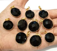 Gold Plated Black Onyx Pendant ,Round Shape , Black Onyx Pendant , Gold Plated Loop Pendant , Gift for her Descriptions:-  Gemstone:-          Black Onyx  Quantity:              10 pc Gemstone Size:       18 x 18 , 15 x15 mm   Metal:                  Brass Shape :-               Round  Plating:                 Brass ( Gold Plating ) Weight:             198 Carats Stone Color -   Black Use For - Women / Girls Metal Gold plated  Material stone Jewelry Loop Pendant Color As seen as picture 100% Gen Loop Pendant, Onyx Gemstone, Fine Jewellery Necklace, Stone Jewelry, Black Onyx, Gold Plating, Gemstone Pendant, Round Shape, Jewellery And Watches