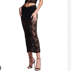 Brand New, Never Been Worn. Ordered A Size Too Big Chic Lace Bottoms For Evening, Chic Lace Evening Bottoms, Chic Lace Party Skirt, Chic Lace Evening Skirt, Evening Lace Midi Skirt, Lace Long Skirt For Evening, Lace Fitted Bottoms For Date Night, Lace Bottoms For Date Night, Lace Party Skirt