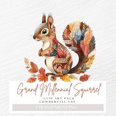 a squirrel with autumn leaves on it's back and the words grand michigan squirrel clip art pack commercial use