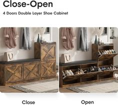 three different views of an open and closed shoe cabinet with shoes on top, in the same room