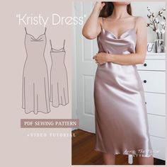 a woman wearing a dress with spaghetti straps in front of a white door and text that reads, kristy dress sewing pattern