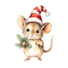 a watercolor painting of a mouse wearing a santa hat and holding a pine cone