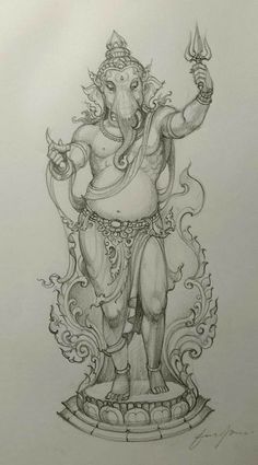 a pencil drawing of an elephant god with a candle in his hand and two hands