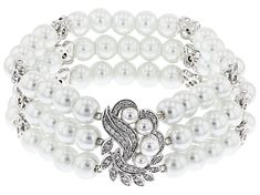 Paula Deen Jewelry™ 4mm, 5mm, 6mm, and 8mm round white freshwater pearl simulant and 1.64ctw 1.20mm, 1.50mm, and 2.00mm round white cubic zirconia rhodium over brass stretch bracelet. Measures approximately 1.06"W. No clasp. Elastic line. White Diamond Pearl Bracelet For Anniversary, White Pearl Diamond Bracelet For Anniversary, Silver Cubic Zirconia Pearl Bracelet For Anniversary, Elegant Bracelet With Cubic Zirconia Round Beads, Elegant Cubic Zirconia Round Bead Bracelets, Elegant Jewelry With Diamond Accents And Round Beads, Elegant Jewelry With Round Diamond Beads, Elegant White Bracelets With Diamond Accents, White Diamond Accent Bracelet For Anniversary