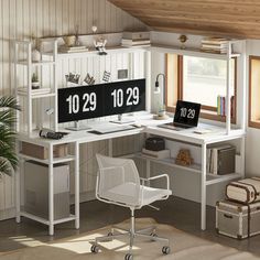 a white desk topped with a computer monitor next to a chair and bookshelf