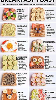 an image of breakfast toasts with different toppings on the top and bottom half