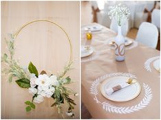 there are flowers and plates on the table at this wedding reception, but no one is in it