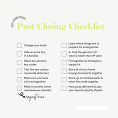 a post - closing checklist is shown in green and white