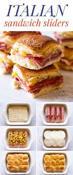 the italian sandwich sliders recipe is shown with different ingredients in separate sections and on each side