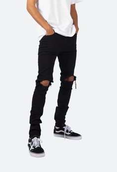 X1 Stretch Denim - Black | mnml | shop now Urban Style Distressed Fitted Jeans, Urban Distressed Fitted Jeans, Black Ripped Cotton Jeans, Edgy Ripped Fitted Jeans, Edgy Ripped Washed Black Jeans, Edgy Stretch Distressed Jeans, Urban Ripped Fitted Jeans, Urban Style Ripped Fitted Jeans, Urban Fitted Jeans With Frayed Hem