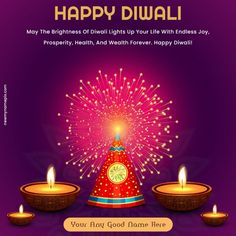 happy diwali greeting card with candles and clock on purple background for diwali