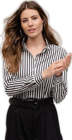 Black Shirt With Vertical Stripes For Spring, Classic Black Tops With Striped Cuffs, Black Tops With Striped Collar For Workwear, Black Top With Striped Collar For Work, Black Workwear Tops With Striped Cuffs, Black Collared Tops With Striped Cuffs, Elegant Black Top With Vertical Stripes, Black Collared Top With Striped Cuffs, Black Tops With Striped Cuffs For Work