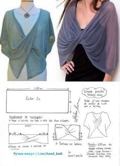 a woman is standing next to a sewing pattern for a top with an asymmetric draped over it