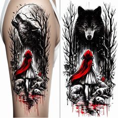 the back of a woman's leg with tattoos on it and an image of a wolf