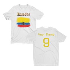 - Custom Ecuador Soccer T Shirt: This soccer tshirt features an Ecuador graphic on the front, and you can also customize the back with your own name and number! It is perfect for any Ecuadorian fan for either watching your favorite team or playing in a tournament with your team. - Comfortable Combed Cotton Material: Our Ecuador shirts are made with combed cotton, giving you a comfortable feel and fit. They also feature side seams, which provide a structured fit and are perfect for both men and w Customizable White Fan Apparel T-shirt, Customizable White T-shirt For Team Events, Custom Print Short Sleeve T-shirt For Team Events, Customizable Crew Neck T-shirt For Team Events, Customizable Cotton T-shirt For Team Events, Customizable Crew Neck Shirt For Fans, Custom Print T-shirt For Fans, White Team Shirt For Team Events, Customizable Team Spirit T-shirt With Sublimation Print