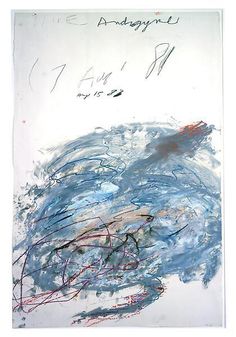 an abstract painting with blue and red lines on it's side, in front of a white background