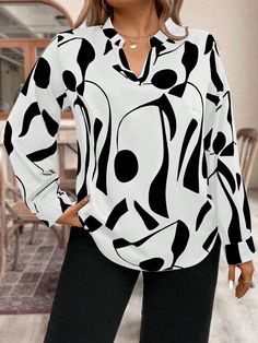 Plus Size Women's Geometric Printed Long Sleeve Shirt Black and White Casual  Long Sleeve Fabric Polka Dot Top Non-Stretch  Women Plus Clothing, size features are:Bust: ,Length: ,Sleeve Length: Printed V-neck Tops For Office, Trendy Long Sleeve Shirt With Abstract Print, Trendy Long Sleeve Printed Blouse, Casual Long Sleeve Shirt With Geometric Pattern, Multicolor Geometric Long Sleeve Shirt, Trendy Printed Office Tops, Trendy Long Sleeve Tops With Geometric Pattern, Black Long Sleeve Tops With Abstract Print, White Long Sleeve Tops With Abstract Print