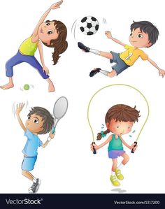 four kids playing different sports games on a white background