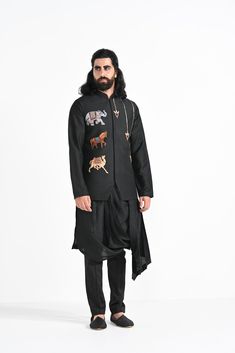 Jet Black Bamberg Raw Silk Nehru Kurta Set inpired by A Rajasthani Painting, with hand embroidered Nehru and a drape Kurta. Paired with Jet black slim fit Pant Pajama. Color of the actual garment may vary due to lighting conditions during the shoot.
 

Size Chart For Men





	
	
					Men's Size Chart
		

		
		
						
				Size Chart For Men
				Custom Size Measurement Guide
			
			
				
				
				Custom Size Measurement Guide
1. Take your measurements at ease…don’t hold your breath!
2. Be a littl Luxury Black Nehru Jacket With Mirror Work, Designer Nehru Jacket With Cutdana In Traditional Drape, Traditional Festive Kurta With Embroidery, Festive Embroidered Sets For Festivals, Designer Embroidered Black Kurta, Designer Black Embroidered Kurta, Traditional Long Sleeve Wear With Embroidery, Traditional Kurta With Embroidered Sleeves For Transitional Season, Designer Nehru Jacket With Resham Embroidery