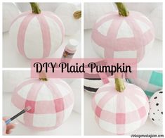 the diy plaid pumpkin is painted pink and white