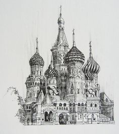 a drawing of a building with many spires