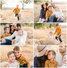 a collage of family photos taken in an open field