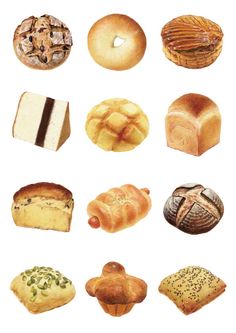 different types of breads and pastries on a white background