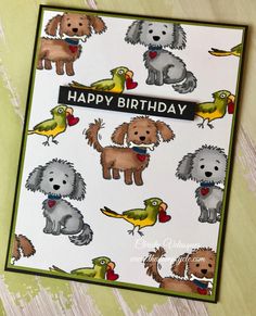 a card with dogs and birds on it