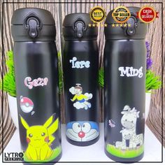 three different styles of water bottles with pokemon stickers on the lids and one has a pikachu